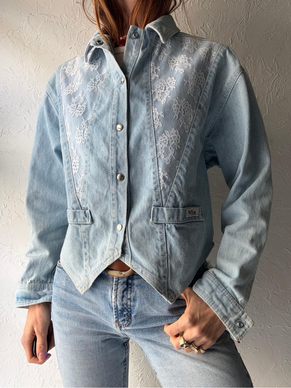 Vintage Coastal Cowgirl Western‎ Pulse by Aero Denim Lace Jacket Blue White L